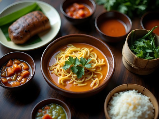 Traditional northern Thai food spread including khao soi, sai oua sausage, nam prik dips, and sticky rice