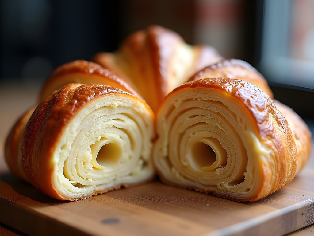 Close-up cross-section of a perfectly laminated croissant showing honeycomb structure