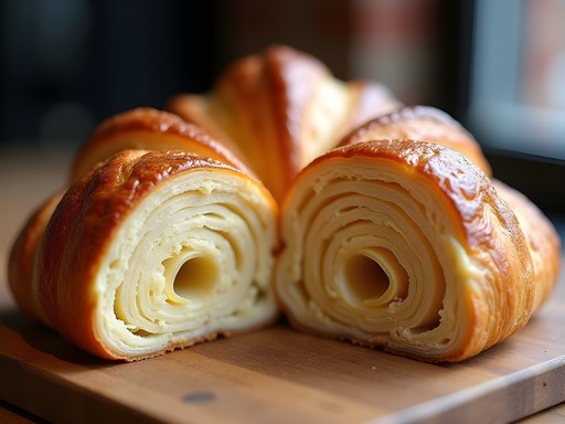 Close-up cross-section of a perfectly laminated croissant showing honeycomb structure