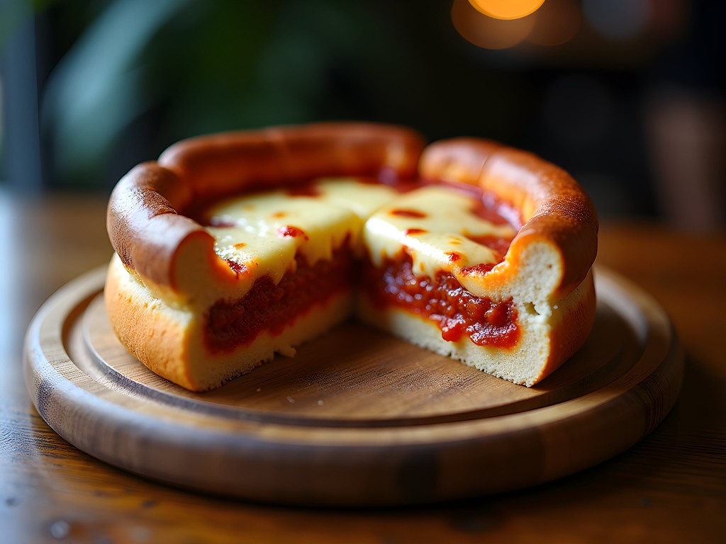 Cross-section of Chicago deep dish pizza showing distinct layers of ingredients