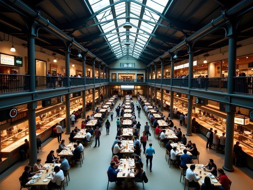 Overhead view of a bustling Chicago food hall showing diverse culinary options and communal dining