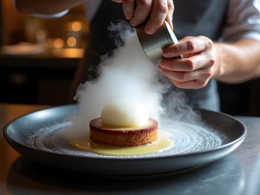 Artistic molecular gastronomy dish being finished with liquid nitrogen at a Chicago restaurant