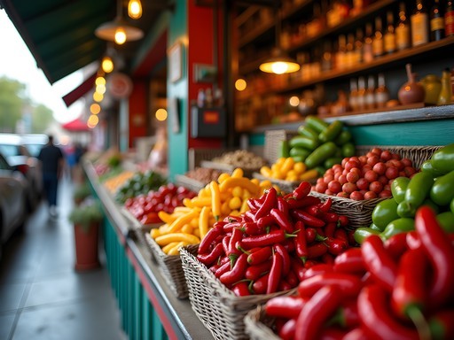 Colorful display of produce and spices at a Mexican market in Chicago's Pilsen neighborhood
