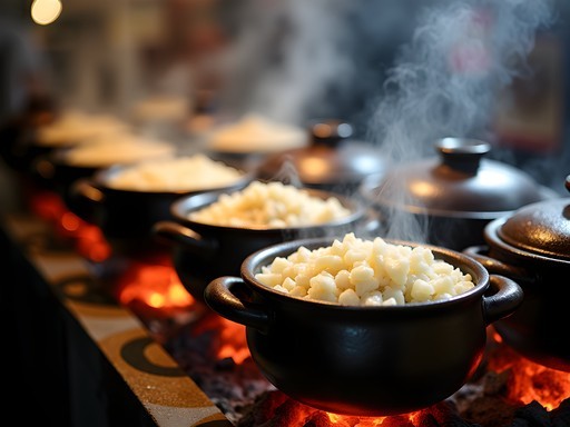 Claypot rice cooking over charcoal fires at Lian He Ben Ji stall in Chinatown Complex Food Centre