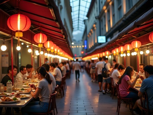 Evening scene at Smith Street (Chinatown Food Street) with diners enjoying outdoor hawker food under illuminated red lanterns