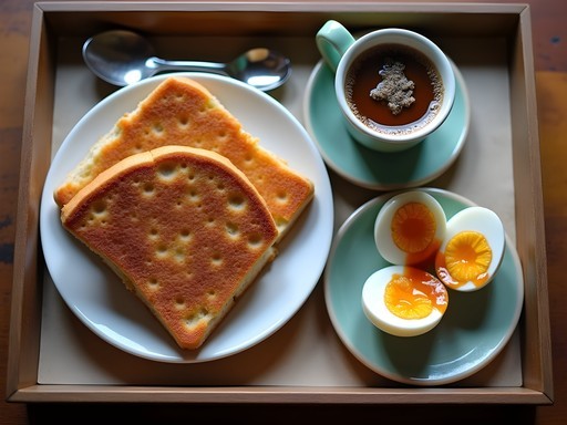 Traditional kaya toast set with soft-boiled eggs and kopi at Ya Kun Kaya Toast in Singapore's Chinatown