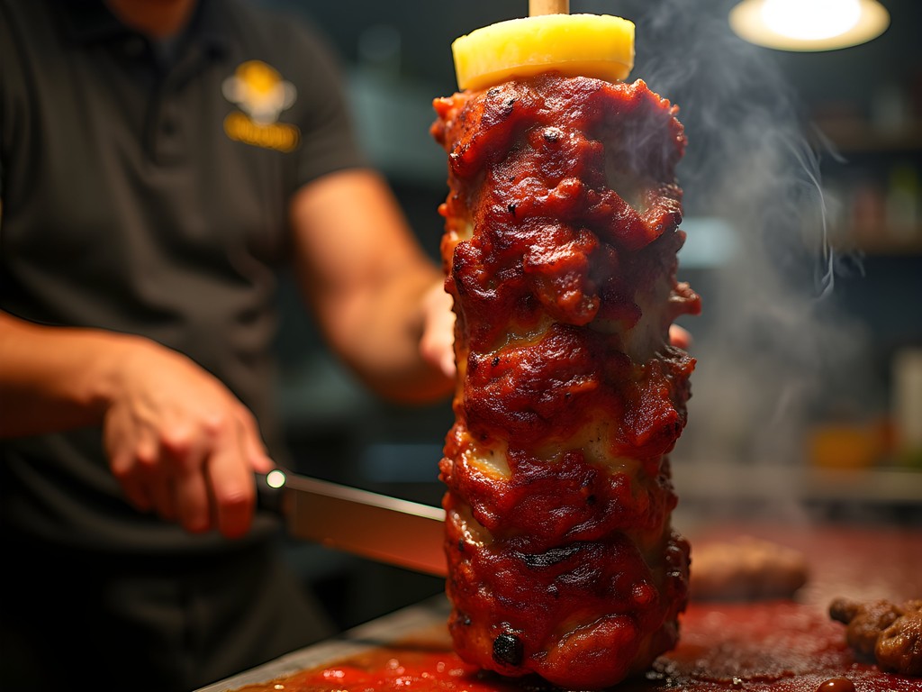 Al pastor meat cooking on vertical spit at authentic taqueria in Cicero Illinois