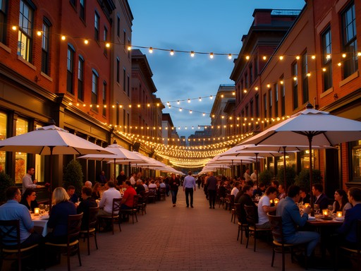 Evening scene on East Fourth Street showing Cleveland's vibrant dining district with outdoor seating and string lights