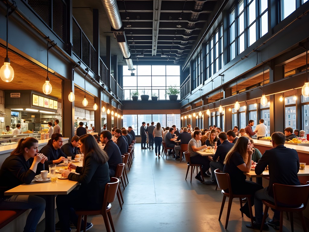 Modern food hall at Van Aken Market in Cleveland with diverse vendor stalls and communal seating