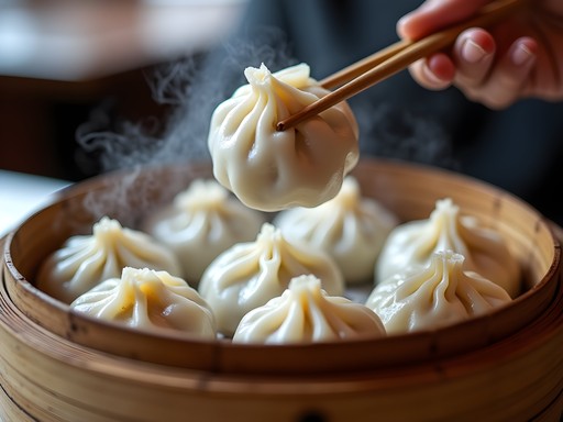 Steaming bamboo basket of soup dumplings at LJ Shanghai restaurant in Cleveland's AsiaTown