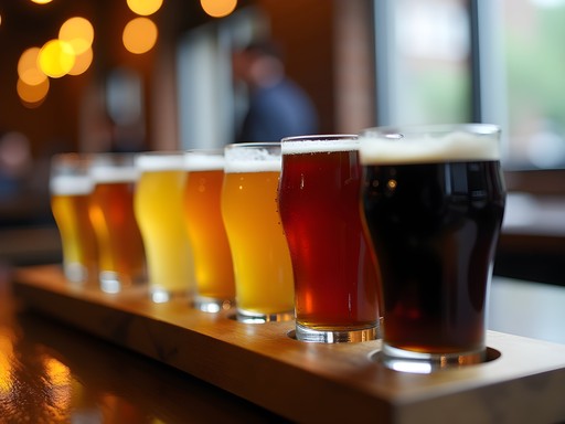 Craft beer flight with varied beer styles on wooden serving board at Ohio City brewery