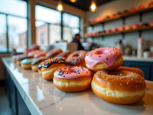 Colorful artisanal donuts at Strange Donuts shop in Columbia Missouri