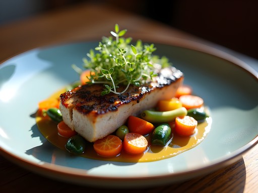 Elegantly plated farm-to-table pork dish with seasonal vegetables at Homestead restaurant