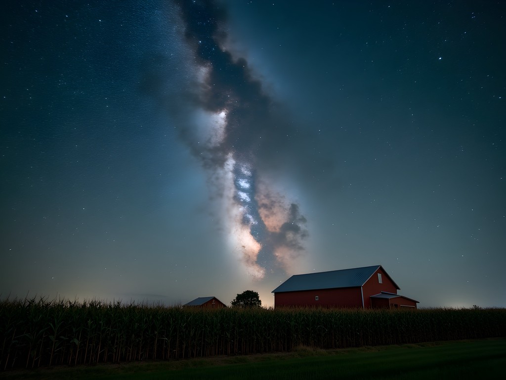 Night sky with Milky Way visible above silhouetted agricultural landscape near Columbus, Nebraska