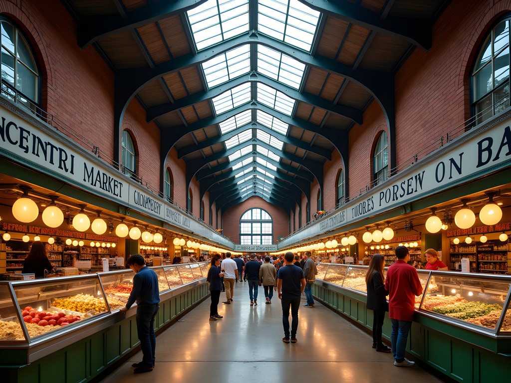 Interior of historic North Market Columbus showing brick architecture and food vendors