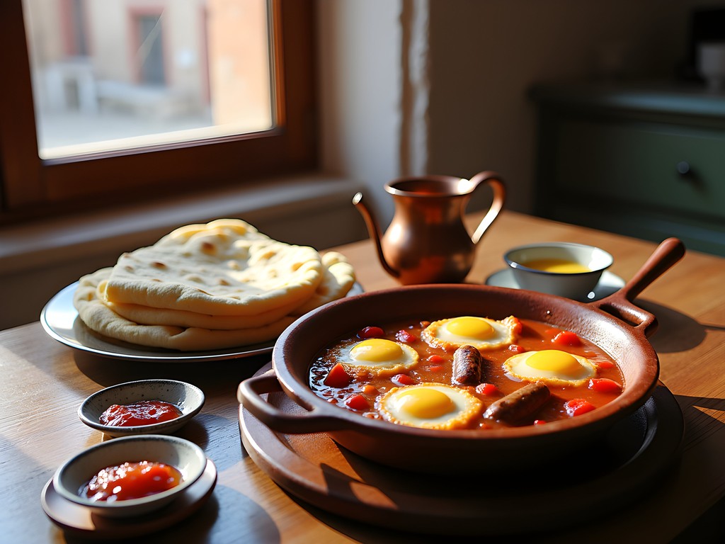 Traditional Algerian chakchouka breakfast with msemen flatbread in Constantine