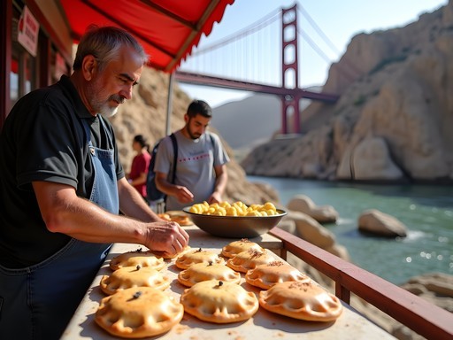 Vendor preparing garantita savory pies near Sidi M'Cid Bridge in Constantine