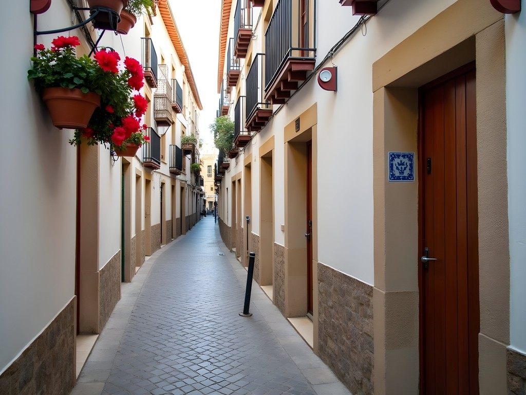 Charming narrow street in Cordoba's Jewish Quarter with a traditional taberna