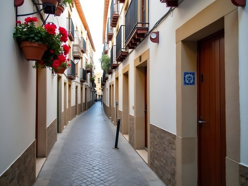 Charming narrow street in Cordoba's Jewish Quarter with a traditional taberna