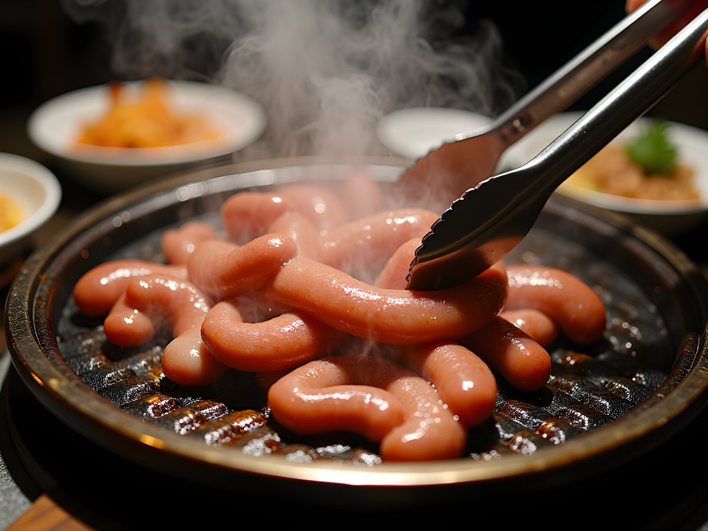 Sizzling makchang beef intestines being grilled over charcoal in Daegu's famous Makchang Alley