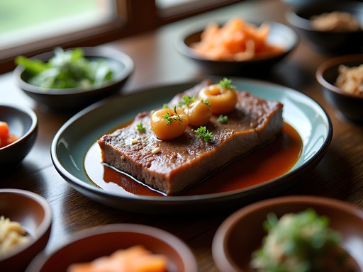 Traditional Korean medicinal beef short ribs (Hanbang Galbi) with herbal garnishes and side dishes in Daegu