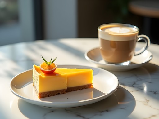 Artistically presented hallabong citrus cheesecake and specialty coffee in a modern Daegu cafe