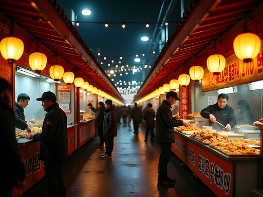 Bustling evening food stalls at Seomun Market in Daegu with colorful street food displays