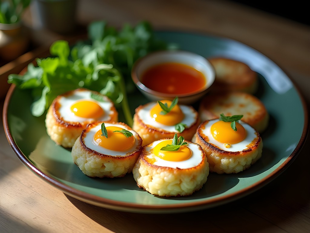 Traditional bánh căn breakfast in Dalat with herbs and dipping sauce