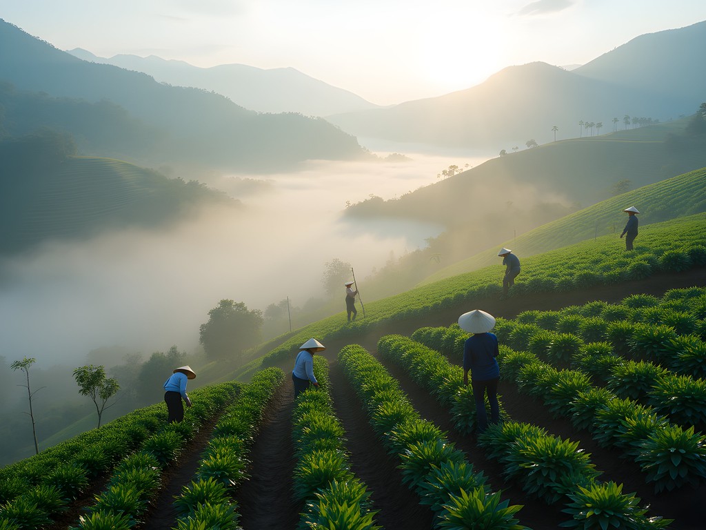 Misty morning at K'Ho coffee farm in Dalat highlands