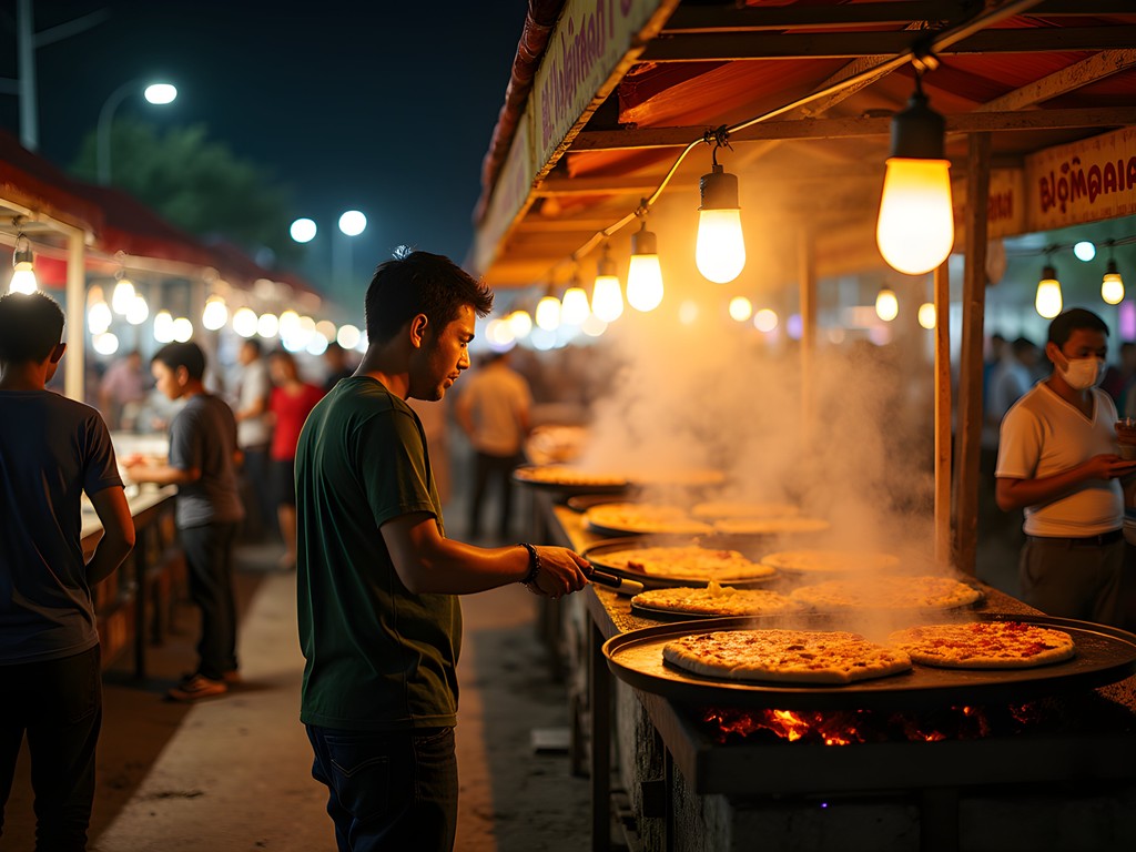 Bustling food stalls at Dalat night market with colorful lighting