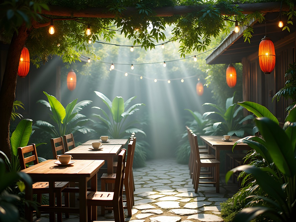 Hidden garden café in Dalat with vintage furniture and lush greenery