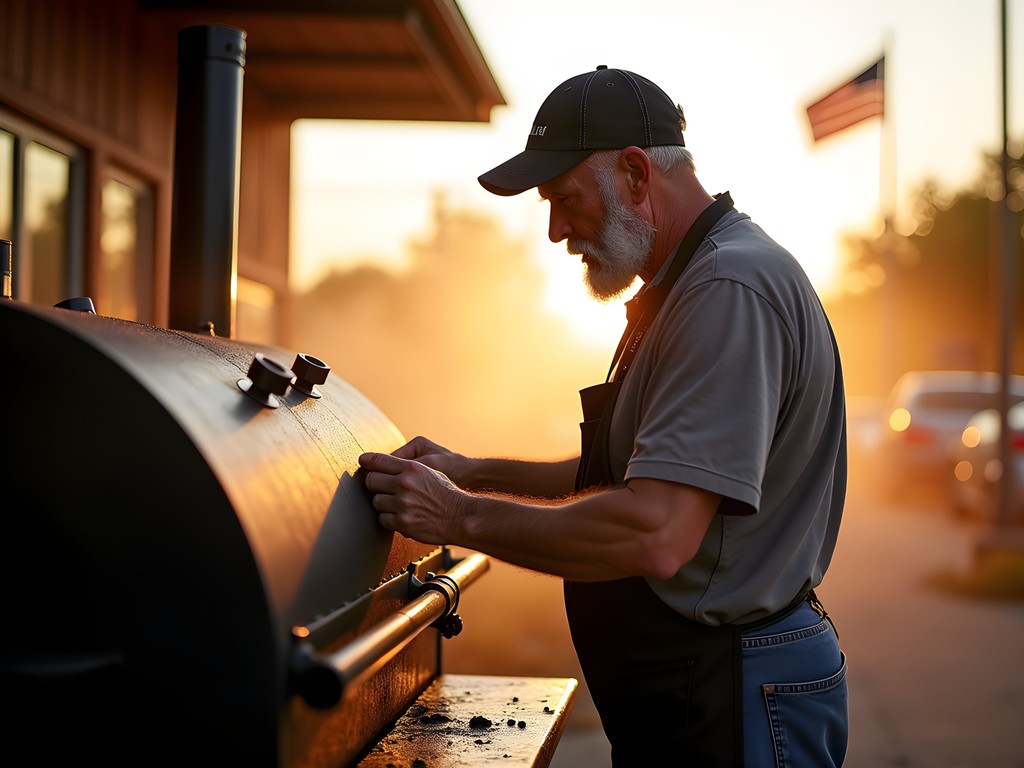 Dallas pitmaster tending to massive offset smoker in early morning light