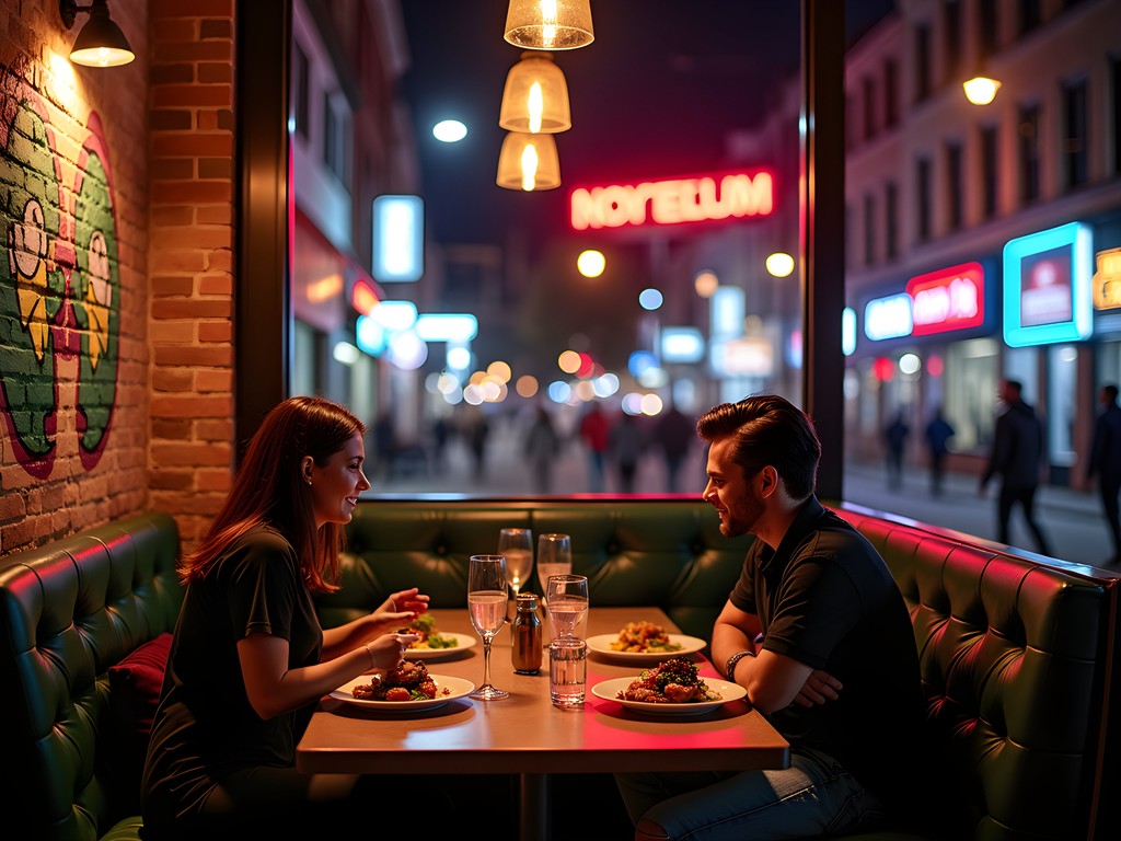 Couple enjoying dinner at a vibrant restaurant in Deep Ellum with colorful street art visible