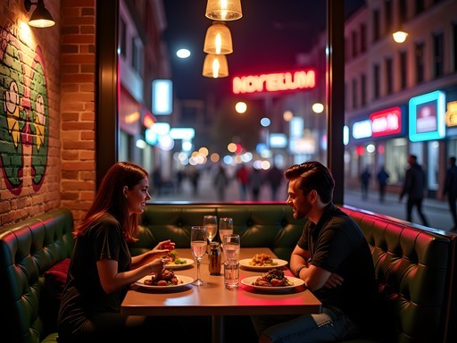 Couple enjoying dinner at a vibrant restaurant in Deep Ellum with colorful street art visible