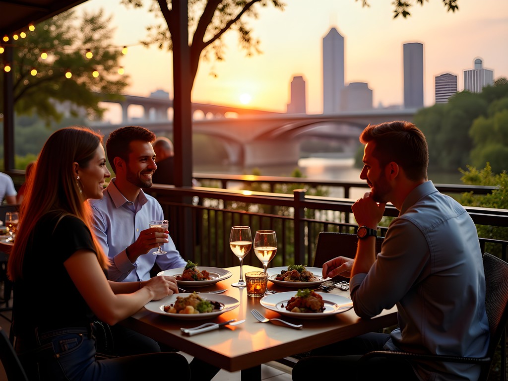 Couples dining at Trinity Groves with Dallas skyline and Margaret Hunt Hill Bridge at sunset