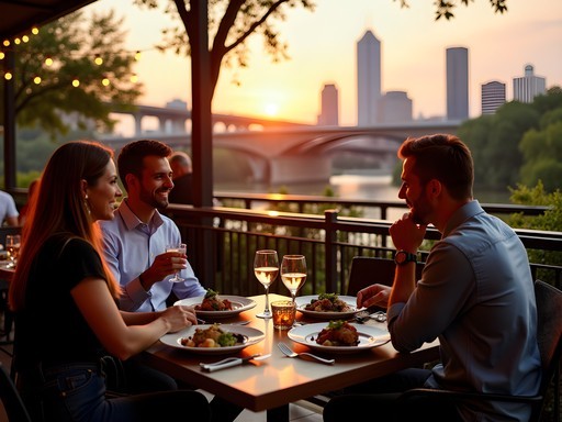 Couples dining at Trinity Groves with Dallas skyline and Margaret Hunt Hill Bridge at sunset