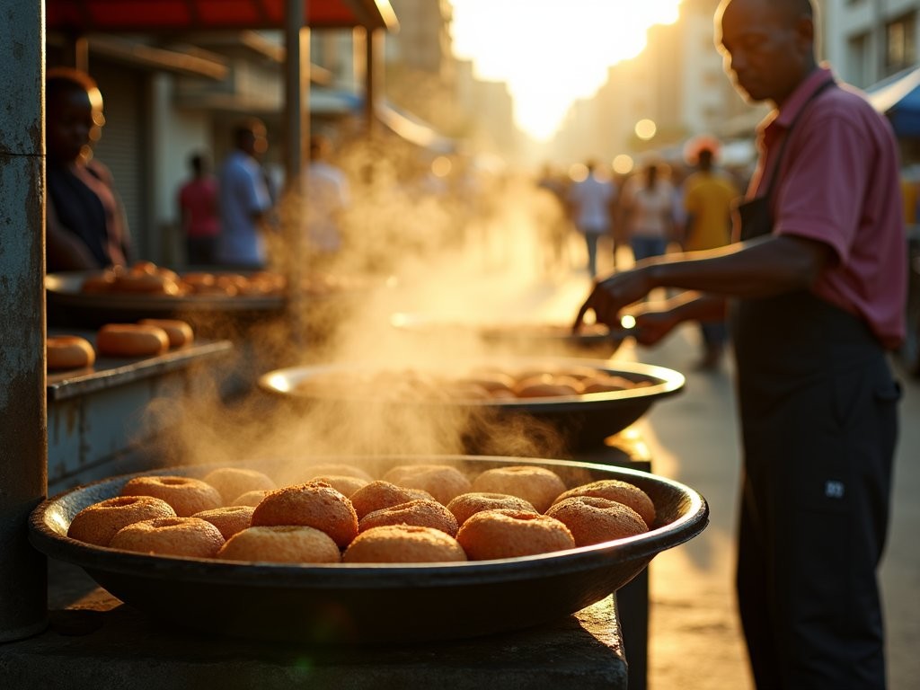 Morning street food vendors preparing mandazi donuts in Dar es Salaam