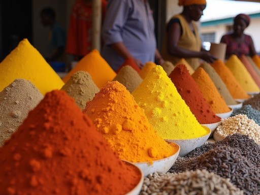 Colorful spice displays at Kariakoo Market in Dar es Salaam