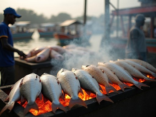 Fresh seafood being grilled at Kivukoni Fish Market in Dar es Salaam