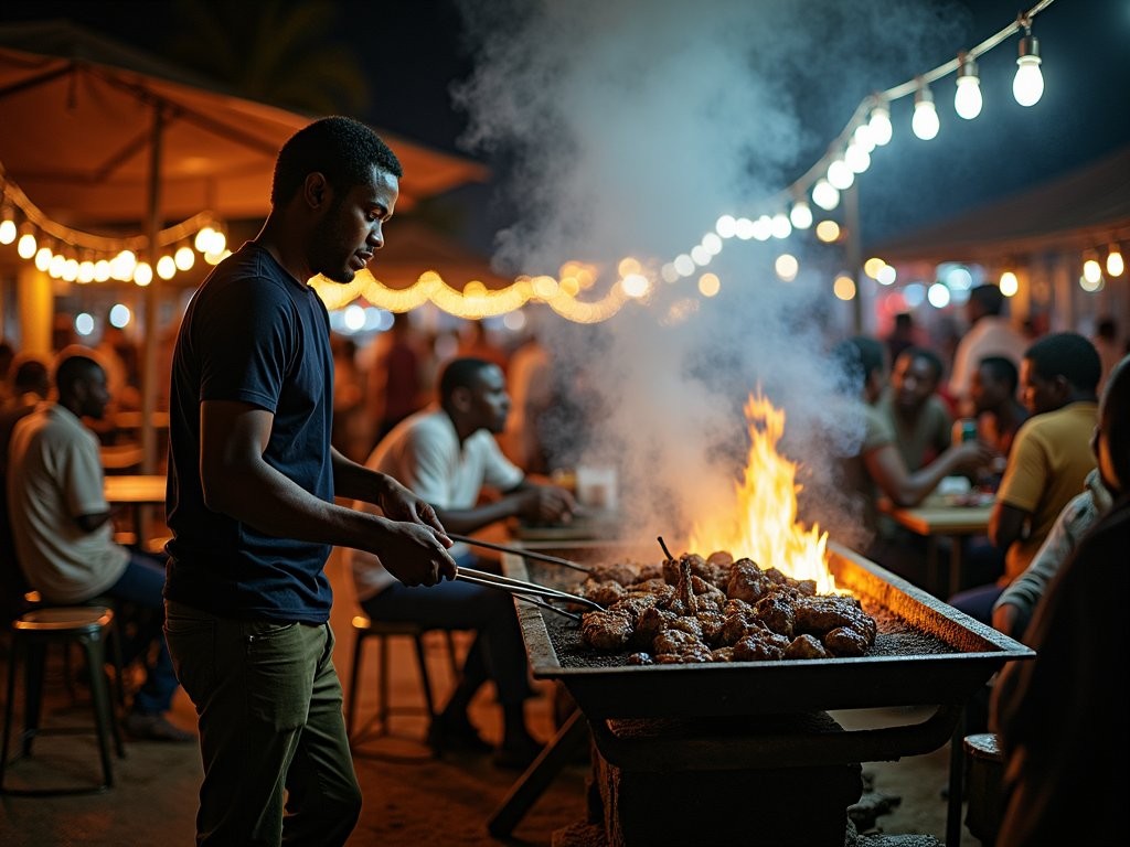 Nyama choma grilling at a night market in Dar es Salaam with vibrant atmosphere