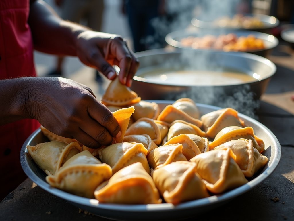 Street vendor preparing fresh samosas in Dar es Salaam