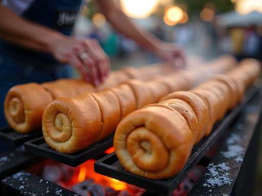 Traditional kürtőskalács (chimney cake) being prepared over hot coals in Debrecen
