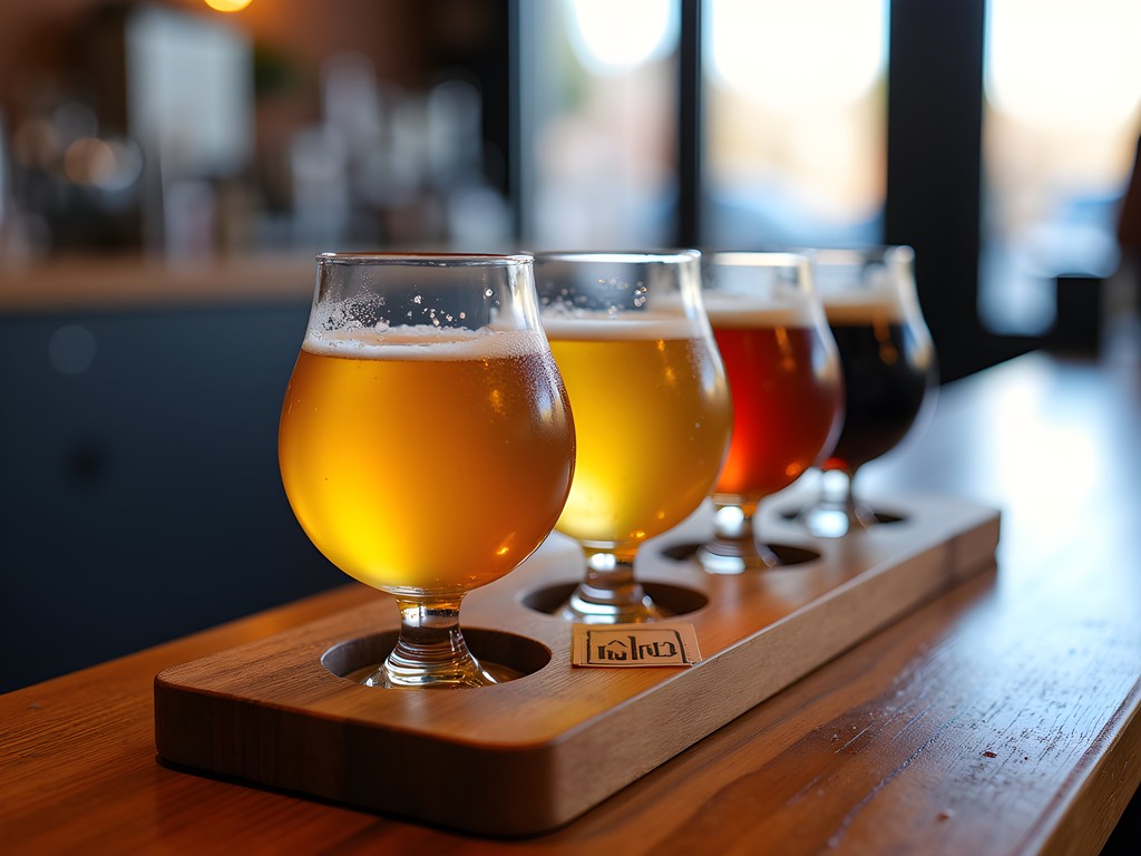 Wooden flight board with four craft beer samples of varying colors at a Denver microbrewery