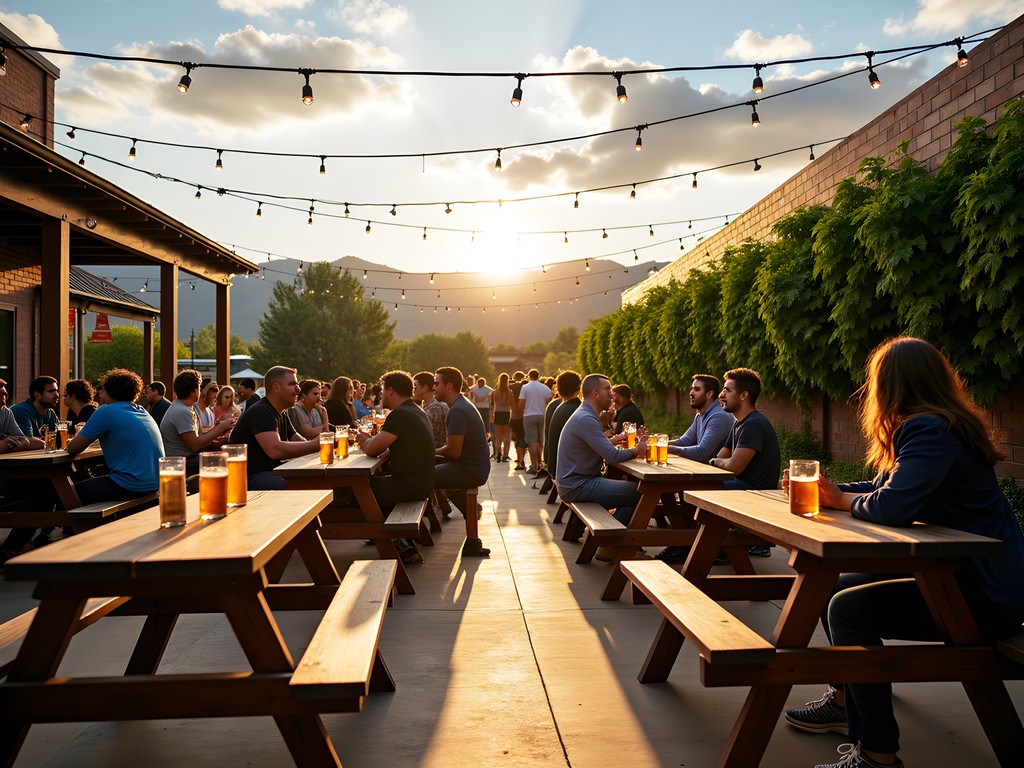 Outdoor beer garden at Denver brewery with mountains visible in background