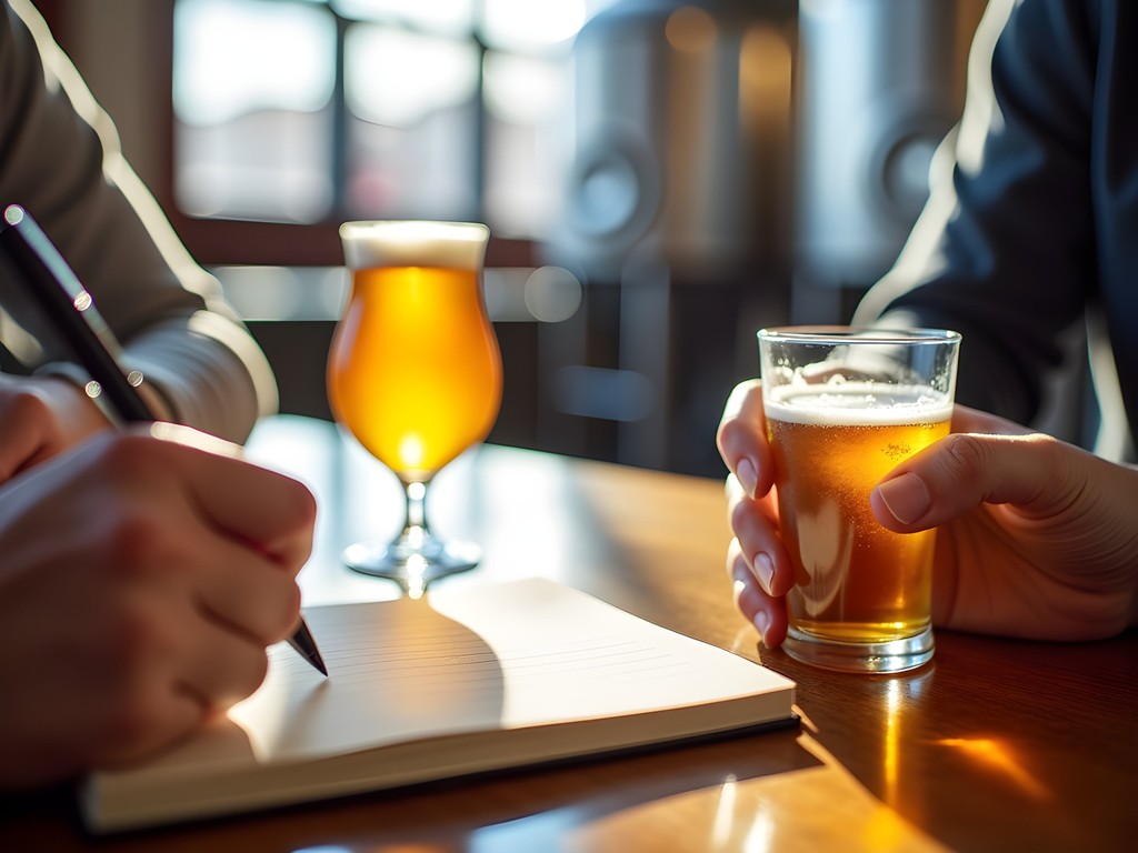 Person taking notes while thoughtfully tasting craft beer at Denver microbrewery