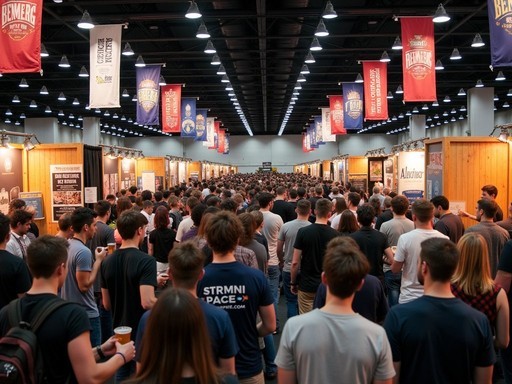 Vibrant crowd enjoying Denver's Great American Beer Festival with colorful brewery booths and tasting stations