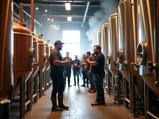 Behind-the-scenes brewery tour showing stainless steel fermentation tanks and brewing process