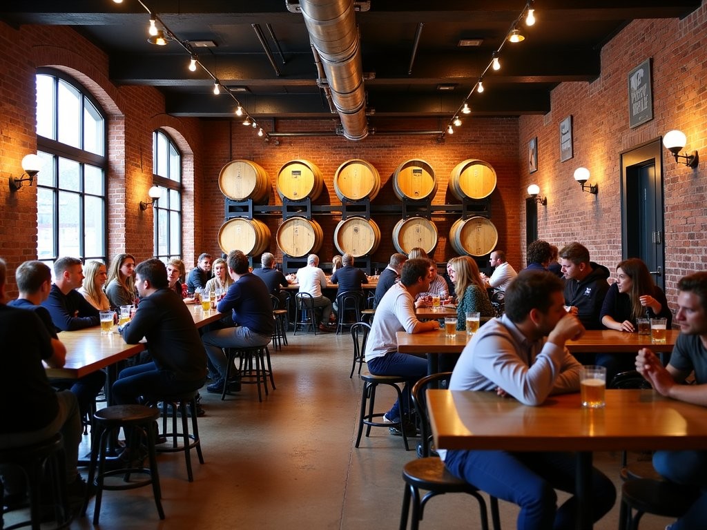 Historic brick-walled taproom in downtown Denver with wooden barrels and brewing equipment