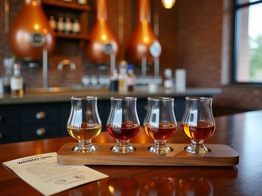 Craft whiskey tasting flight at Laws Whiskey House in Denver with copper stills in background