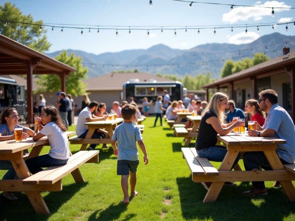 Spacious outdoor beer garden at Denver Beer Co. with families enjoying games and craft beverages